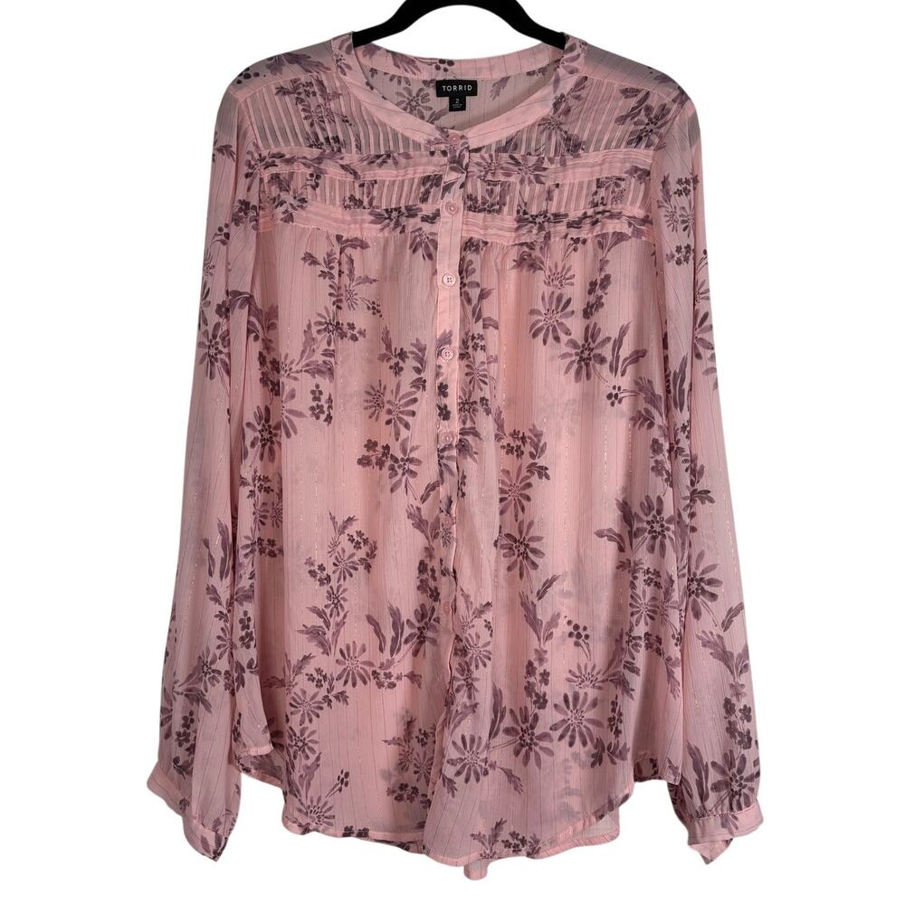 Torrid Pink Floral Crinkle Chiffon Lurex Pintuck Long Sleeve Blouse Top 2 2X